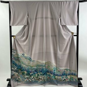 色留袖 身丈171.5cm 裄丈67cm M 袷 落款 風景 樹木 ぼかし 薄紫 正絹 秀品 一つ紋 【中古】