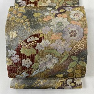 袋帯 美品 秀品 桃山辻が花 千鳥 漆箔 金糸 灰色 六通 正絹 【中古】