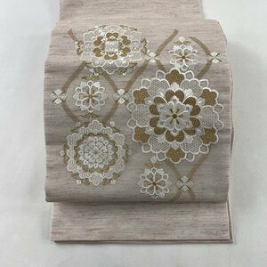 袋帯 美品 名品 夏紬 華文 よろけ縞 刺繍 金糸 薄ピンク お太鼓柄 正絹 【中古】