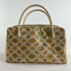 和装バッグ 美品 優品 セミフォーマル 利休バック 七宝文 花唐草 箔 刺繍 クリーム 正絹 和装小物 【中古】