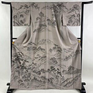 訪問着 身丈169cm 裄丈64cm M 袷 落款 風景 樹木 灰紫 正絹 美品 秀品 【中古】