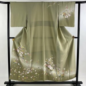 訪問着 身丈152.5cm 裄丈60.5cm S 袷 落款 花籠 草花 ぼかし 灰緑 正絹 美品 秀品 【中古】