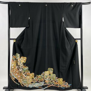 黒留袖 身丈160cm 裄丈65cm M 袷 鶴 草花 金糸 黒 正絹 秀品