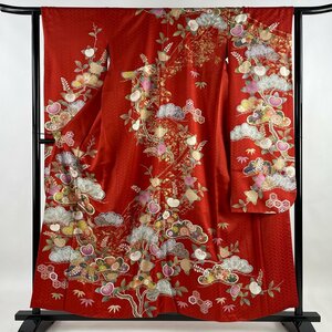 振袖 身丈156cm 裄丈63cm S 袷 松 橘 金糸 金彩 赤 正絹 美品 名品 【中古】