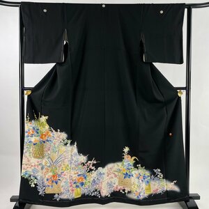 黒留袖 身丈163.5cm 裄丈64.5cm M 袷 落款 花籠 草花 ぼかし 黒 正絹 美品 名品 【中古】