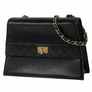 シャネル CHANEL ロゴ チェーン ショルダーバッグ マトラッセ シングルフラップ レザー ブラック レディース 【中古】