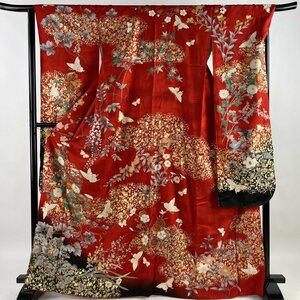 振袖 身丈167cm 裄丈66cm M 袷 菊 蝶 金糸 金銀彩 赤 正絹 名品 【中古】