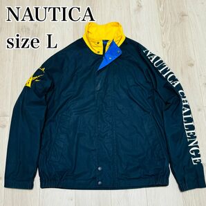 NAUTICA ノーティカ　セーリングジャケット　90s 刺繍　アームロゴ　L ブルゾン 刺繍　ネイビー　サイドロゴ　イエロー