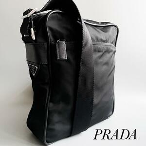 美品 PRADA プラダ ショルダーバッグ クロスボディバッグ ポーチ 三角プレート 白タグ ナイロン ブラック ネロ nero メンズ レディース