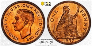 1円〜★日曜終了【PCGS PR65RD P社準最高鑑定】1937 イギリス 1Penny銅貨 完全未使用 プルーフ 世界コイン【決済期限火曜日】