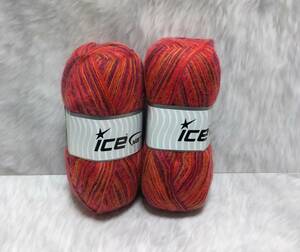 輸入　毛糸　Ice Yarns　アンゴラシュプリーム　アンゴラ70％　アクリル30％　100g×2個セット　レッド＆オレンジ　トルコ　海外　①