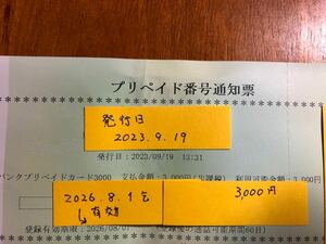 ソフトバンク プリペイドカード プリペイド番号 プリモバイル 3,000円 番号通知のみ 有効期限2026/08/01