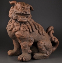 中国美術 時代 朱泥 狛犬 獅子 置物 高さ40.5㎝_画像1