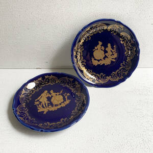 フランス 60s ヴィンテージ Limages リモージュ 小皿 ソーサー 2枚 白磁 デザート プレート 皿 濃紺 陶器 ボックス アンティーク