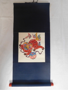 琉球紅型 琉球びんがた 獅子 シーサー 沖縄 染物 伝統工芸 土産 絹本 壁掛け 掛け軸 ディスプレイ