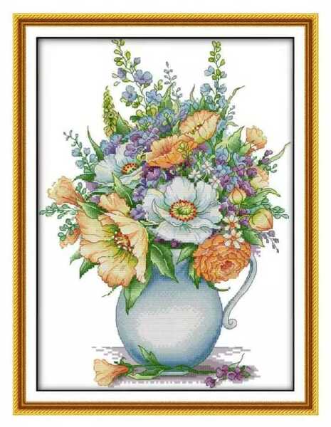 クロスステッチキット ピオニーベース 花瓶 芍薬 14CT 図案印刷なし 30×40cm 刺繍