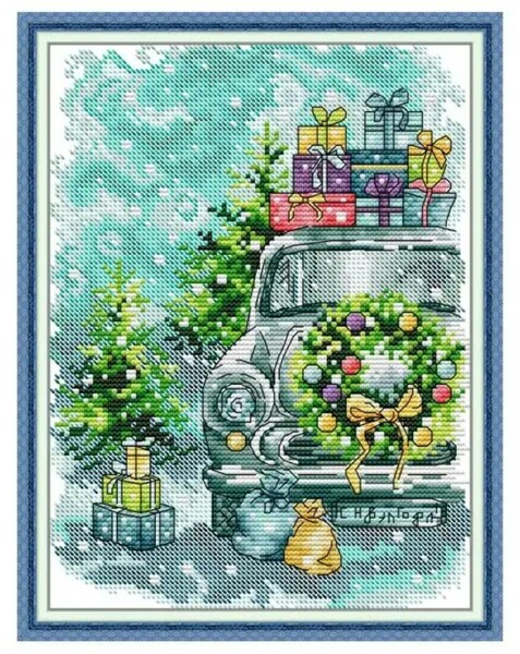 クロスステッチキット クリスマスギフトカー 14CT 21×29cm 布に図案印刷あり 刺繍 プレゼント クリスマスリース