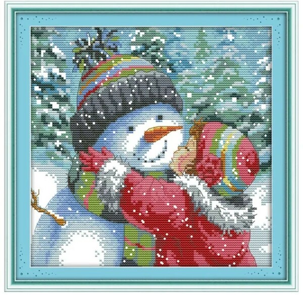 クロスステッチキット Kiss the snowman 雪だるま 冬 クリスマス 14CT 27×27cm 刺繍