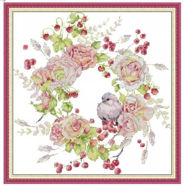 クロスステッチキット 小鳥とローズガーランド 薔薇 14CT 39×40cm 図案印刷あり 刺繍