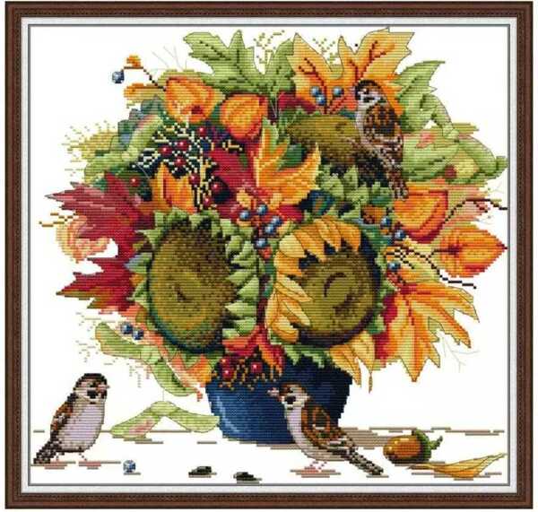クロスステッチキット 向日葵と雀 ひまわり すずめ 鳥 14CT 図案印刷あり 38×37cm 刺繍
