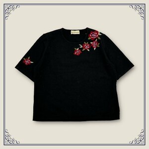 カシミヤ100％◆CASHMERE カシミアウール ニット半袖 セーター 花デザイン バラ サイズ46黒 ブラック/レディース