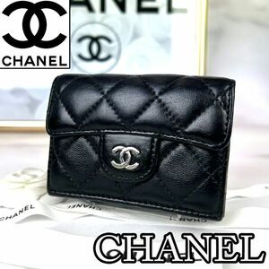 ■極美品■ CHANEL シャネル ラムスキン マトラッセ タイムレスクラシック Wホック三つ折りコンパクト財布 ブラック 