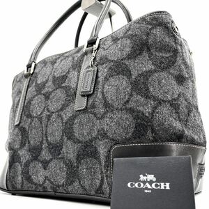 1円《 美品・希少品 》COACH コーチ ビジネスバッグ トートバッグ メンズ レザー ウール シグネチャー ブラック 黒 A4・PC収納◎ 自立