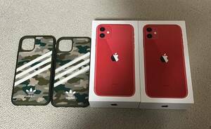 iPhone 11 Red 64GB 箱x2 + iPhone 11 専用ケースx2 adidas アディダス