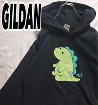 GILDAN ギルダン メンズ 恐竜 プリント プルオーバーパーカー フーディー ブラック S 古着 #MA0275_画像1