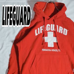 LIFEGUARD ライフガード メンズ ヴィンテージ 全身ロゴ プルオーバーパーカー フーディー レッド M 古着 #MA0284