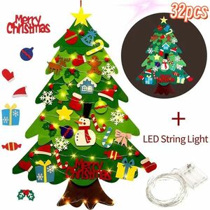 LEDライト付クリスマスツリー不織布32点パーツ付き取り外し可能クリスマス飾りDIY3Dフェルトデコレーション壁掛け子供プレゼント