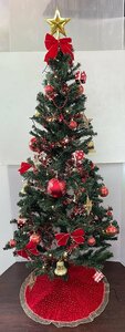美品 クリーニング作業済み クリスマスツリーセット 180cm レッド＆ゴールドカラー LEDイルミネーション付 （検81