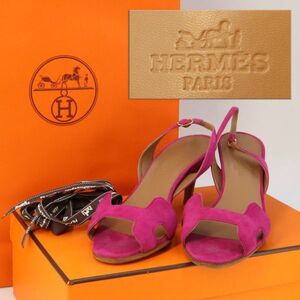 e3598【HERMES】エルメス　ナイト　スエード　バックストラップ　サンダル　Hロゴ　ピンク　共箱　紙袋付