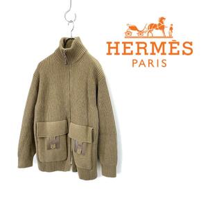 2022AW HERMES by Nadge Vanhe-Cybulski エルメス Hレザー ディテール Hロゴ ニット ジャケット size 34 1229341