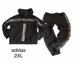 新品 正規品【adidas/アディダス】THREE STRIPES WORD 裏起毛 スウェットFZフーディ&スウェットパンツ◇◆2XL◆ブラック 黒 上下 セット