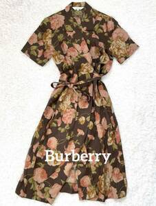 burberrysバーバリー 【希少】花柄ロングワンピース 総柄 半袖 麻　リネン夏素材レトロ古着ドレス イタリア製生地使用ウエストリボン