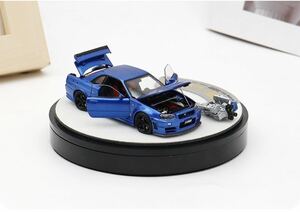 1/64 PGM One model 日産　NISSAN GTR R34 Z Tune メタリックブルー　全開閉　エンジン付き　丸台座