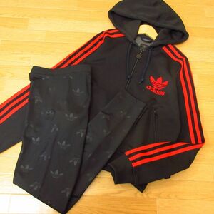 ◎adidas Originals アディダス M 上下セット◆ジャージ トラックジャケット&スパッツ 三つ葉ロゴ◆レディース 黒◆B3090