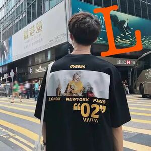 ビッグシルエット プリント Tシャツ トップス シャツ カットソー 半袖 ストリート ビッグT レディース メンズ 黒 ブラック L