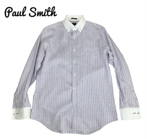 中古 ポールスミス Paul Smith 長袖 ボタンダウン ワイシャツ ストライプ柄 白×紫 メンズ Lサイズ