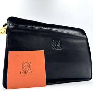 1251【希少・美品】LOEWE ロエベ クラッチバッグ セカンドバッグ ポーチ アナグラム ロゴ型押し ゴールド金具 レザー 本革 ブラック メンズ