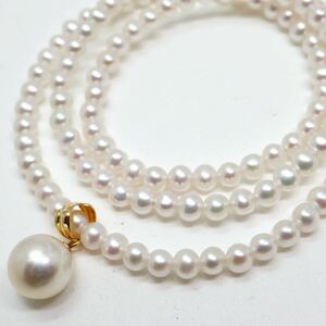 《K18アコヤ本真珠付き淡水パールネックレス》D 3.5-4.0mm珠 9.4g 42cm pearl necklace ジュエリー jewelry DE0/EA0