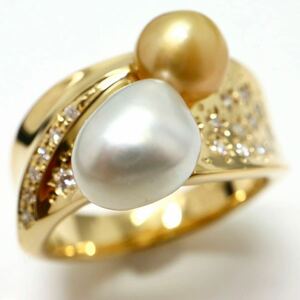 三越 ジュエリー(ミツコシジュエリー)《K18天然ダイヤモンド/南洋白蝶/ゴールデンパールリング》D 10.3g 17号 diamond ring pearl EG2/EG7