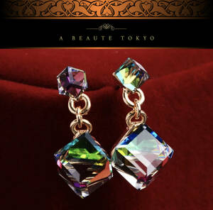  новый товар * высший класс Rainbow crystal 2 полосный квадратное серьги * titanium post ювелирные изделия сумка письменная гарантия Aurora подарок подарок женский 