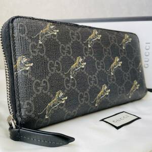 【 人気モデル 】 GUCCI グッチ タイガー GG スプリーム 長財布 ラウンドファスナー ジップ プリント PVC レザー 本革 ブラック メンズ