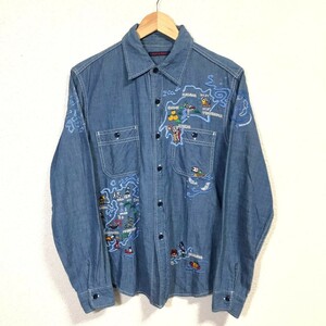 H6400dL MADE IN INDIGO メイドインインディゴ サイズ2 (M位) 長袖シャツ ブルー 日本地図 刺繍 お洒落 個性的 メンズ 古着 JAPAN