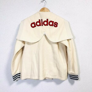 H6481dL adidas アディダス サイズM ピーコート Pコート アイボリー レディース セーラー襟 ロゴ刺繍 お洒落コート ウールコート 