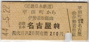 【近鉄】平田市から近鉄名古屋ゆき硬券乗車券