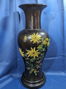 特大サイズの花瓶 生け花 花鳥蝶絵 彫刻 詳細不明 和風置物 インテリア 花器 壺 華道 フラワーベース
