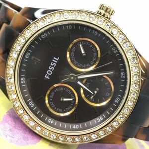 FOSSIL フォッシル 腕時計 ES-2795 クオーツ アナログ ラウンド べっ甲 ブラウン ラインストーン おしゃれ ファッション 美品 箱付き